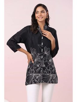 KAFTANIZE - Black Cat Floral Printed Russian Silk Tunic