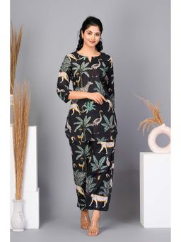 KAFTANIZE - Black Floral Printed Cotton Kurti with Pant (Set of 2)
