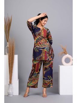 KAFTANIZE - Navy Blue Cotton Abstract Printed Kurti with Pant (Set of 2)