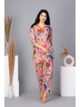 KAFTANIZE - Baby Pink Cotton Floral Printed Kurti with Pant (Set of 2)