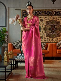 Sareemall - Women Silk Blend Pink Woven Handloom Saree with Unstitched Blouse