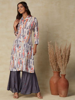 FASHOR - Printed Beads Embellished Kurta with Palazzos Grey & Multi (Set of 2)