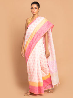 Indethnic - Banarasi Pink Woven Design Work Wear Saree With Unstitched Blouse