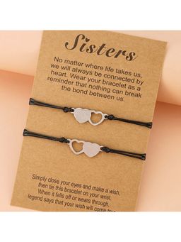 Yellow Chimes - Women Set Of 2 Black and Silver-Toned Heart Shaped Wraparound Bracelet