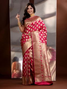 CHARUKRITI - Pink Katan Silk Patli Pallu Zari Handwoven Saree with Unstitched Blouse