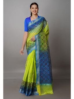 Unnati Silks - Parrot Green Pure Block Printed Kota Cotton Saree with Unstitched Blouse