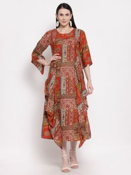 Indibelle - Rayon Maroon Abstract Print Dress