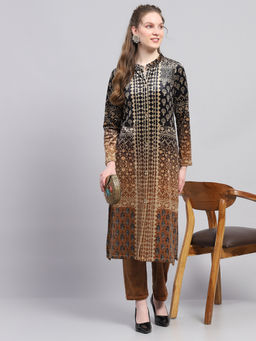 Monte Carlo - Women Regular Fit Full Sleeve Collar Brown Kurti With Pant