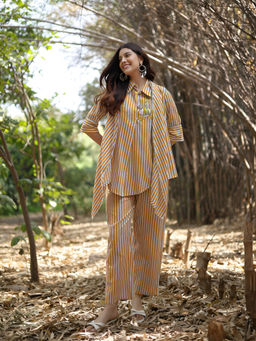 Stylum - Mustard Striped Printed Cotton High-Low Co-Ord Set