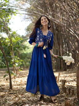 Stylum - Blue Solid and Embroidered Rayon Tiered Maxi Dress With Jacket