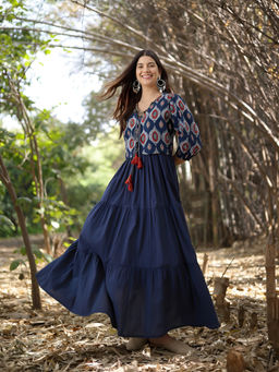 Stylum - Blue Solid Cotton Tiered maxi Dress With Ethnic Jacket