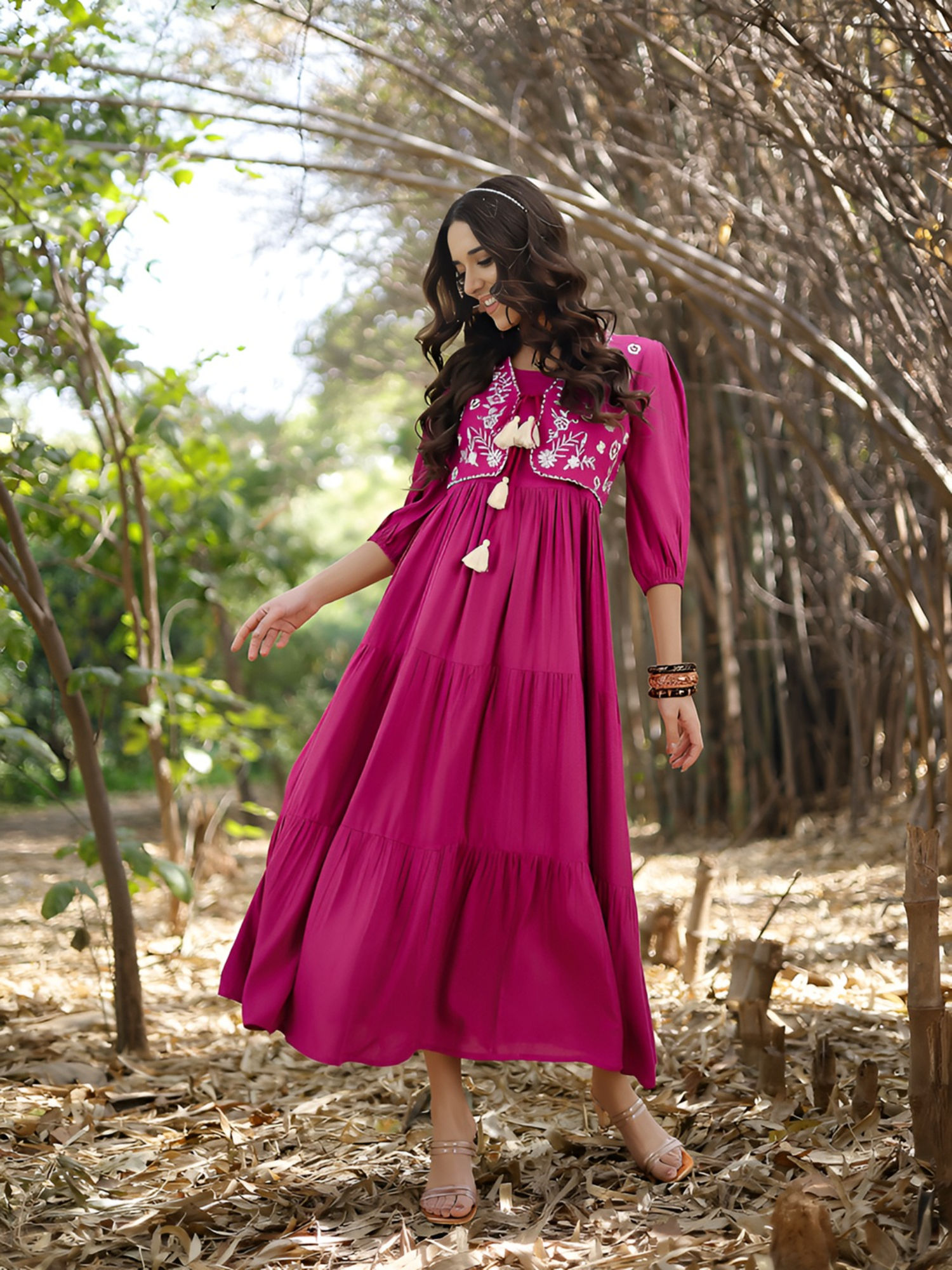 stylum Pink Solid and Embroidered Rayon Tiered Maxi Dress with Jacket-picture-19