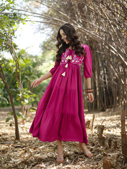 Stylum - Pink Solid and Embroidered Rayon Tiered Maxi Dress with Jacket