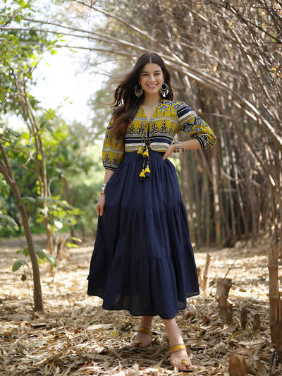 Yellow Solid Cotton Tiered Maxi Dress With Ethnic Jacket
