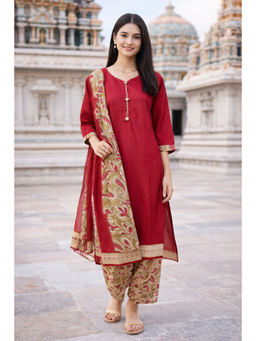Rajnandini - Maroon Cotton Blend Printed Ready To Wear Patiala Kurta With Salwar & Dupatta