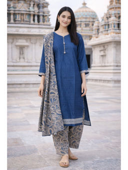 Rajnandini - Blue Cotton Blend Printed Ready To Wear Patiala Kurta With Salwar & Dupatta