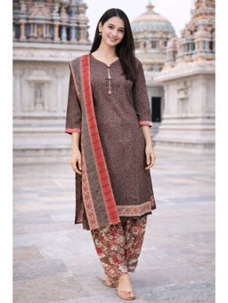 Rajnandini - Taupe Cotton Blend Printed Ready To Wear Patiala Kurta With Salwar & Dupatta