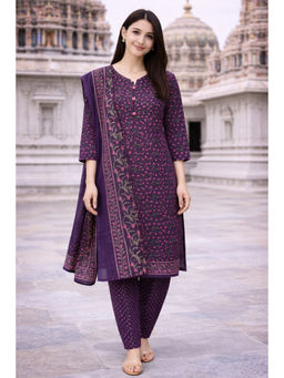 Rajnandini - Purple Cotton Blend Printed Ready To Wear Patiala Kurta With Salwar & Dupatta