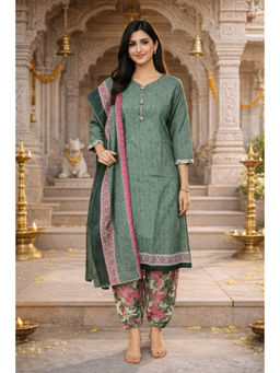 Rajnandini - Olive Green Cotton Blend Printed Ready To Wear Patiala Kurta With Salwar & Dupatta