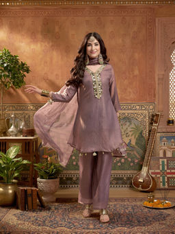 Stylum - Mauve Solid Poly Silk A-Line Kurta With Palazzo & Dupatta