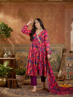 Stylum - Purple Floral Printed Anarkali Kurta & Pant with Dupatta