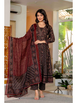 PISTAA - Pure Cotton Printed Tiered Pure Cotton Anarkali Kurta With Pant & Dupatta