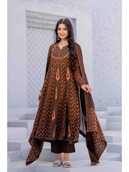 PISTAA - Pure Cotton Pure Cotton Brown Anarkali Kurta With Pant & Dupatta
