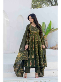 PISTAA - Pure Cotton Pure Cotton Green Anarkali Kurta With Pant & Dupatta