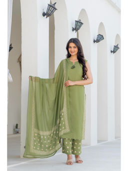 PISTAA - Pure Cotton Solid Cut Sleeve Green Kurta With Pant & Dupatta