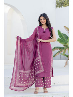 PISTAA - Pure Cotton Solid Cut Sleeve Wine Kurta With Pant & Dupatta
