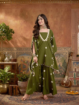 Stylum - Dark Green Rayon Kaftan Kurta With Crop Top & Sharara
