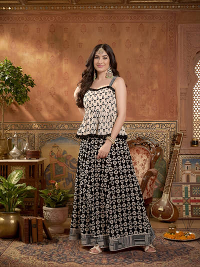 Black Floral Printed Cotton Top With Skirt