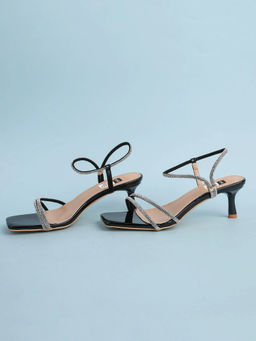 IRUSSH - Women Diamond Strappy Ankle Loop Heels Black