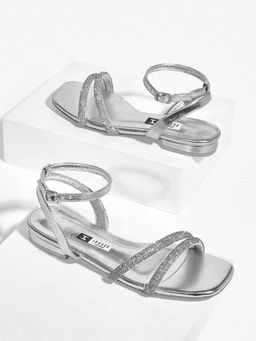 IRUSSH - Women Ankle Buckle Diamond Mini Sandals Silver
