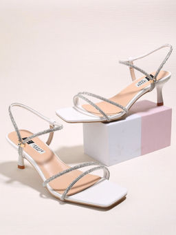 IRUSSH - Women Diamond Strappy Ankle Loop Heels White