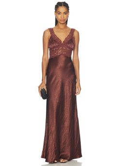 Arcina Ori - Eveline Women's Lace Trim Satin Maxi Dress Brown