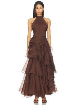 Aje - Fayette Women's Halter Neck Tiered Ruffle Maxi Gown Brown