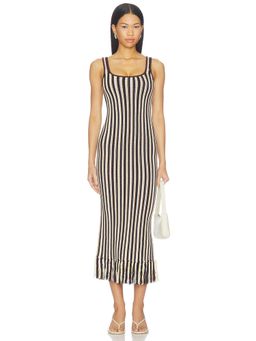 Amanda Uprichard - Jolie Women's Striped Crochet Knit Tassel Hem Midi Dress Brown
