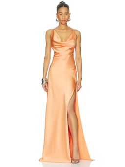 The Andamane - Vera Women's Satin Plunging Neck Side Slit Maxi Dress Peach
