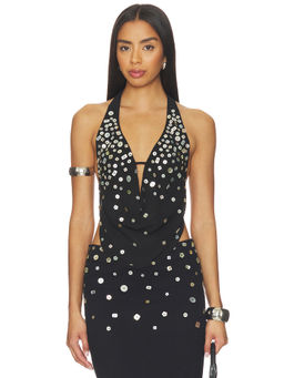 Anonie - Irene Women's Halter Neck Button Detail Top Black