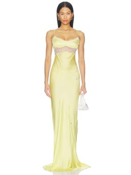 Asta Resort - Hand Beaded Women's Lace Trim Satin Maxi Dress Green