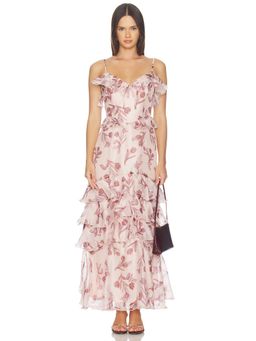 ASTR the Label - Tiered Satin Women's Floral Print Maxi Dress Pink