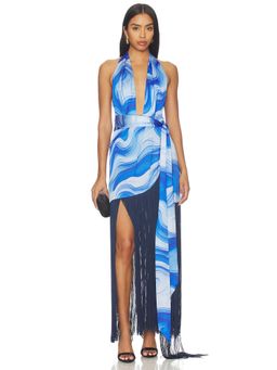 AZULU - Satin Women's Printed Halter Plunging Maxi Dress Blue
