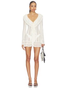 Aya Muse - Crochet Knit Women's V-Neck Hook Closure Mini Dress White