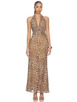 Bardot - Elera Printed Mesh Women's Ruched Halter Neck Maxi Dress Brown