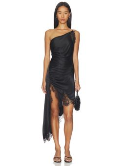 Bardot - Rayner Women's One Shoulder Lace Trim Asymmetric Midi Dress Black