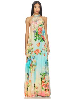 HEMANT AND NANDITA - Satin Floral Women's Sleeveless Halter Neck Maxi Dress Multi-Color