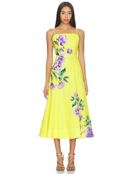 HEMANT AND NANDITA - Paneled Women's Floral Print Shoulder Straps Midi Dress Yellow
