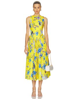 HEMANT AND NANDITA - Women's Floral Print Sleeveless Boat Neck Midi Dress Yellow
