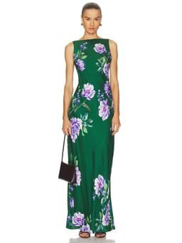 HEMANT AND NANDITA - Satin Floral Women's Sleeveless V-Neck Maxi Dress Green